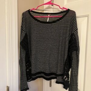 Free People Black and White Boxy Long Sleeve Blouse